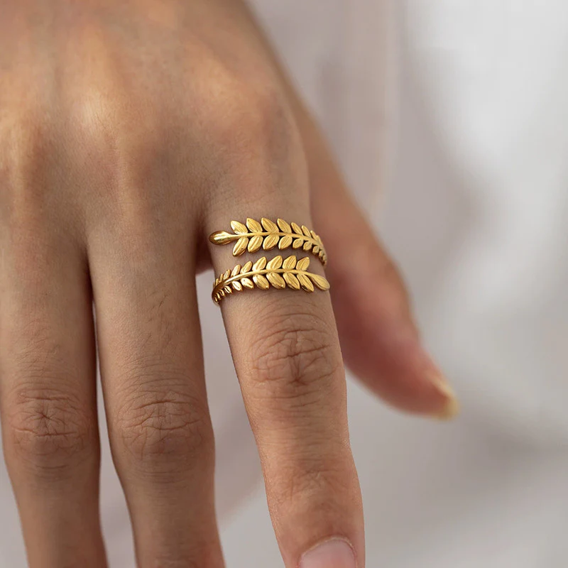 Anti Tarnish Gold Plated Stainless Steel Leaf-Shaped Open Ring