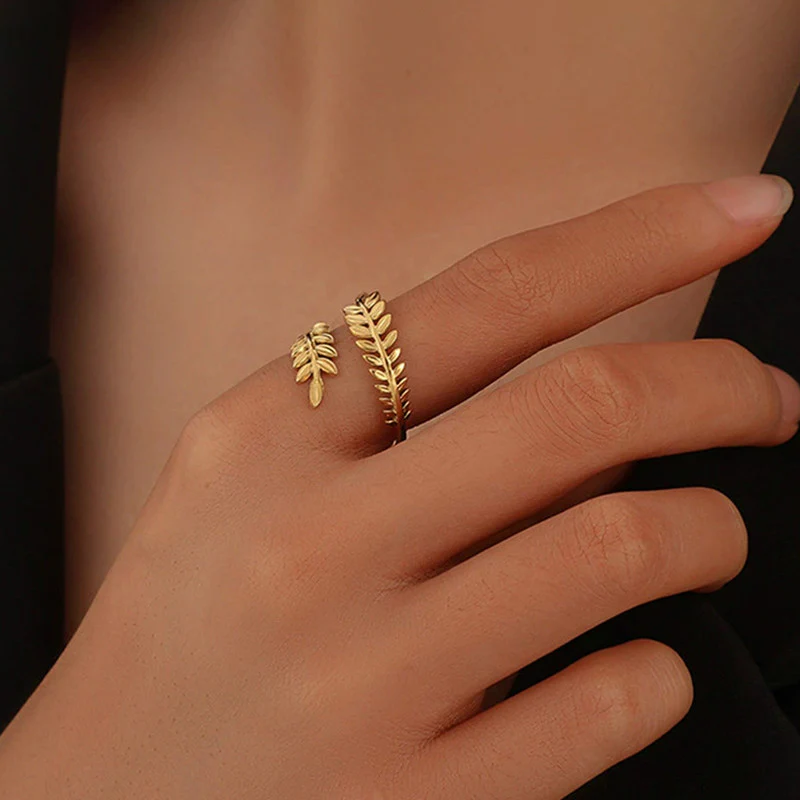Anti Tarnish Gold Plated Stainless Steel Leaf-Shaped Open Ring - Image 3