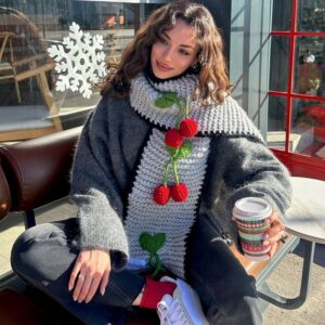 Grey chunky crochet scarf with 3D cherry accents